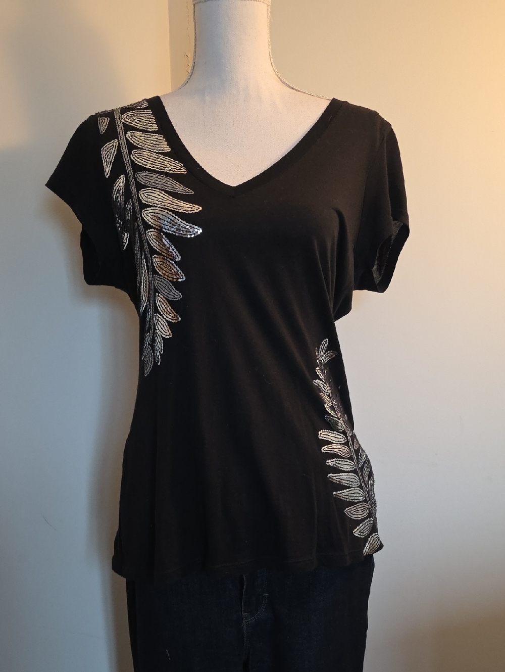 Black V-Neck Short Sleeve Top with Metallic Leaf Accents